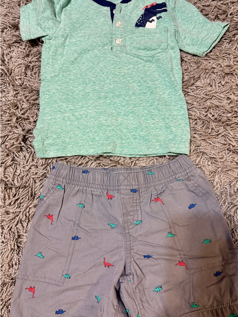 Carter's Mint Green Henley Top & Gray Dino Embroidered Shorts Set